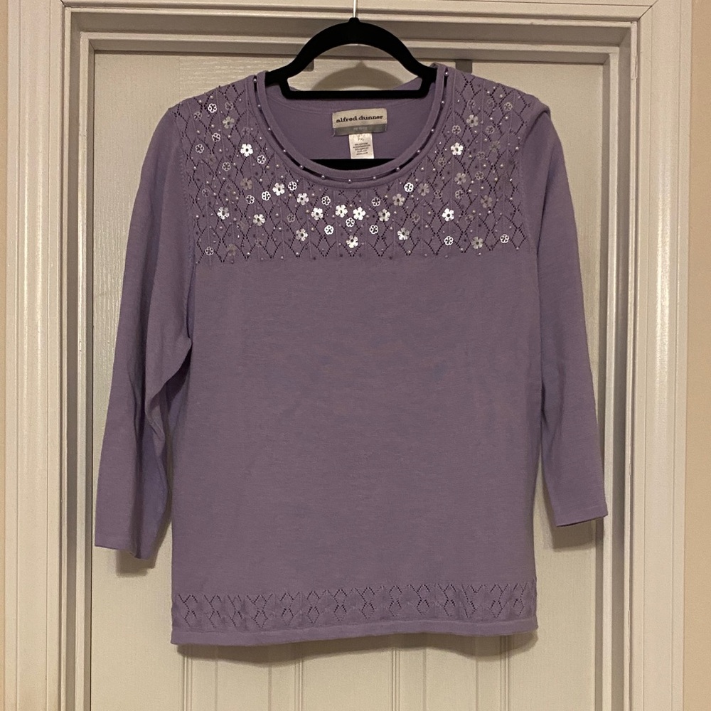 Alfred Dunner Lavender Floral  Sweater‎ 3/4 sleeve Top PXL